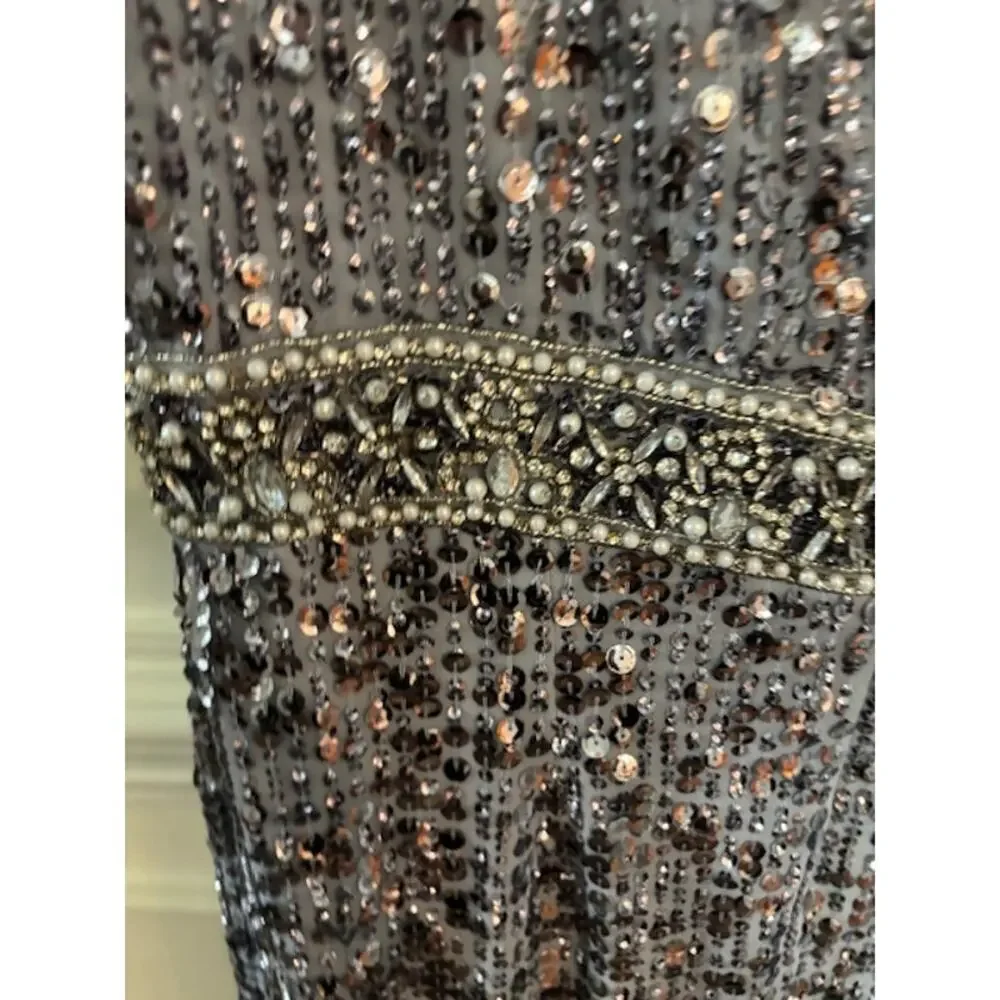 Mac Duggal Steel Blue Sequined Sleeveless Crew Neck Dress Formal Gown Size 14
